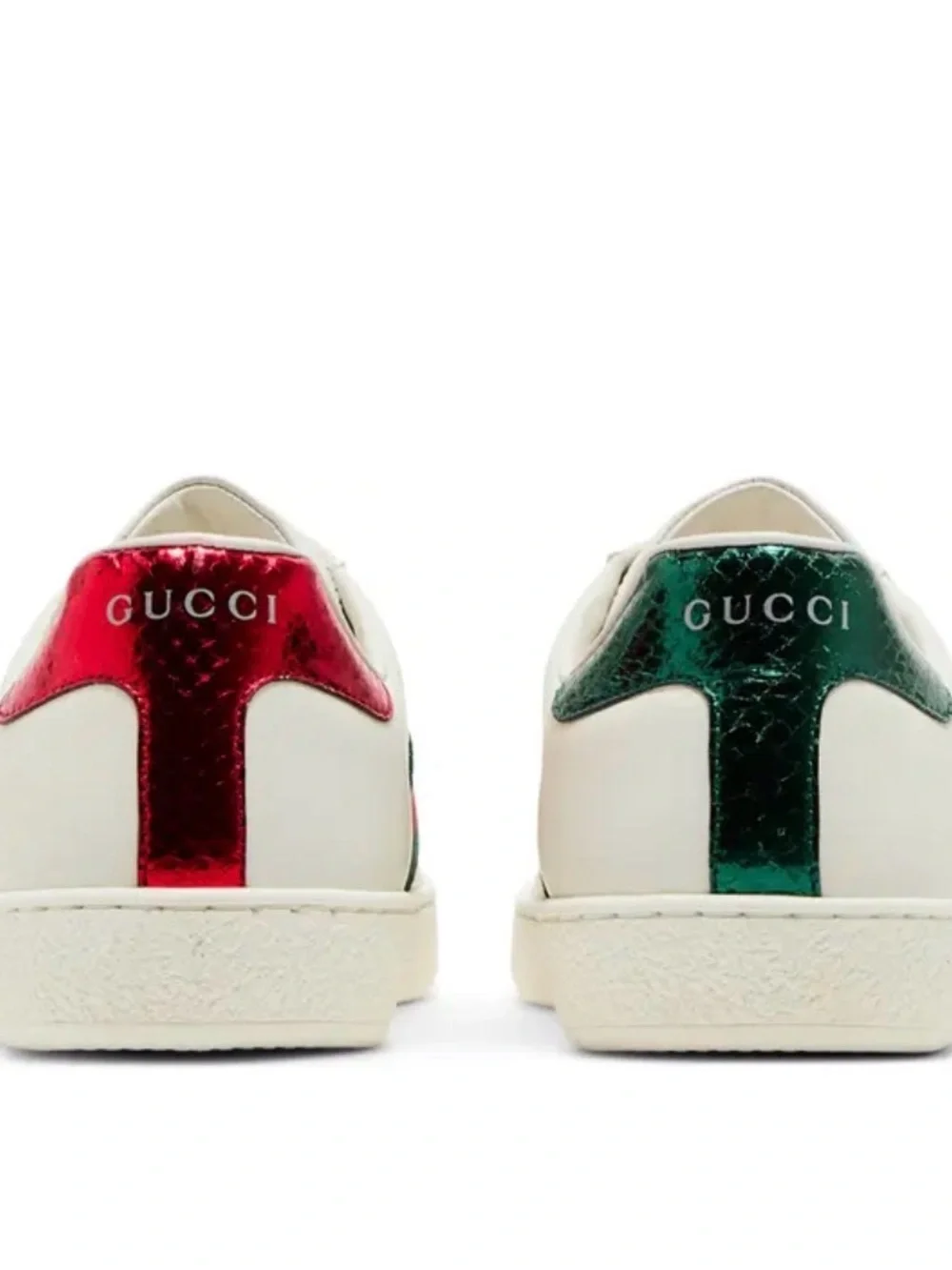 Gucci White Leather Sneakers with Green & Red Stripe and Embroidered Snake